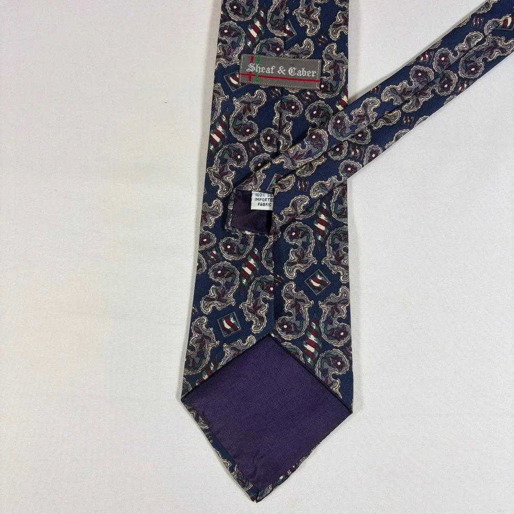 Sheaf & Caber Mens Silk Necktie Navy Blue Paisley Geometric Formal Business Tie‎